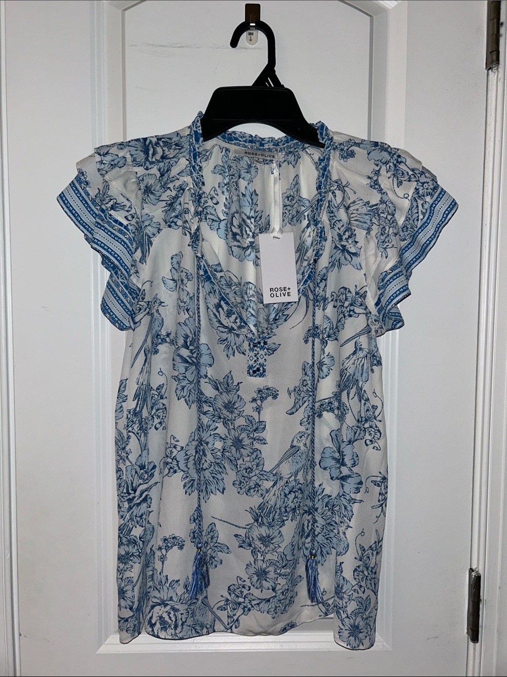 Rose & Olive White and Blue Floral Tassel V-Neck Tunic
